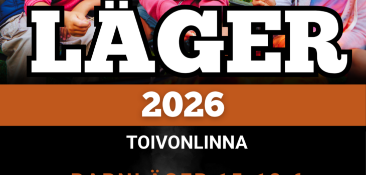läger reklam om lägren på Toivonlinna. Barnläger är det 15-18.6, familjeläger 2-5.7 och tonårsläger 27-31.7