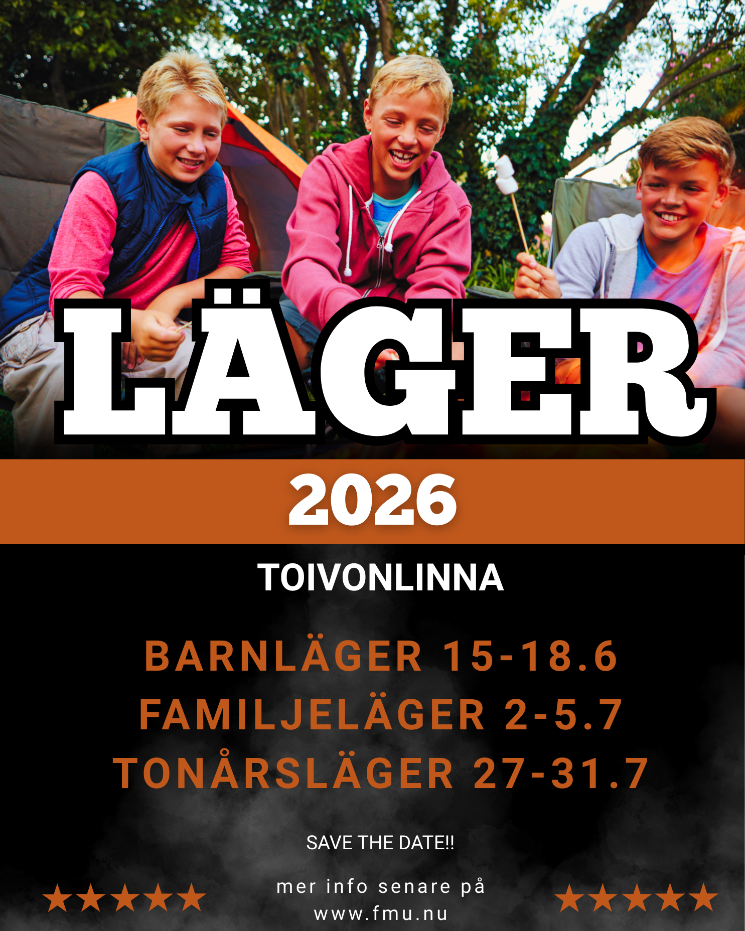 läger reklam om lägren på Toivonlinna. Barnläger är det 15-18.6, familjeläger 2-5.7 och tonårsläger 27-31.7
