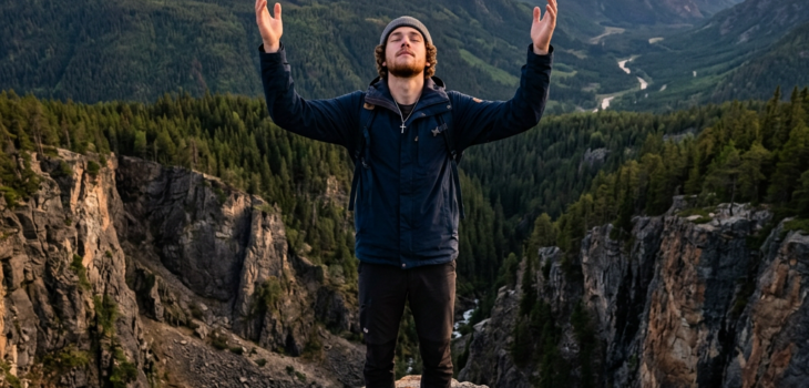 Hiker raising arms on a rocky overlook above a forested mountain valley