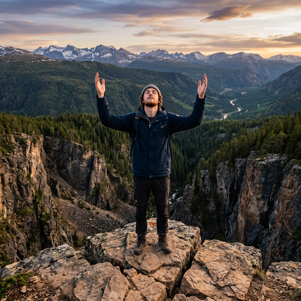 Hiker raising arms on a rocky overlook above a forested mountain valley